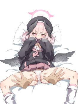 1girl 1other bed_sheet beret black_headwear black_shirt black_wings blue_archive blush clothes_lift commentary_request covering_own_mouth disembodied_hand feathered_wings halo hat head_wings highres kneehighs koharu_(blue_archive) loli long_sleeves loose_socks low_wings lying medium_hair miniskirt neckerchief on_back paid_reward_available panties partial_commentary partially_visible_vulva pillow pink_eyes pink_hair pink_halo pink_neckerchief pink_skirt pleated_skirt pussy_juice rarigo sailor_collar sailor_shirt school_uniform serafuku shirt skirt skirt_lift socks solo_focus spread_legs spread_pussy spread_pussy_under_clothes twintails underwear variant_set white_panties white_sailor_collar white_socks wings