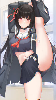 1girl absurdres arms_up black_choker black_hair black_jacket black_panties black_serafuku black_skirt breasts chisa_(wuthering_waves) choker collarbone commentary hair_ribbon heart heart-shaped_pupils highres jacket long_hair long_sleeves looking_at_viewer navel neckerchief open_mouth panties qinghong_daoren red_eyes red_neckerchief red_ribbon ribbon sailor_collar school_uniform serafuku skirt smile solo split standing standing_on_one_leg standing_split stomach symbol-shaped_pupils thighs underwear white_sailor_collar wuthering_waves