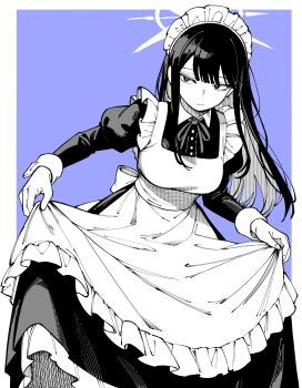 1girl absurdres alternate_costume apron blue_archive blue_background breasts closed_mouth commentary_request dress enmaided frilled_apron frills greyscale_with_colored_background halo highres kani_ka_nanika long_hair long_sleeves looking_at_viewer maid maid_headdress medium_breasts neck_ribbon outside_border puffy_long_sleeves puffy_sleeves ribbon saori_(blue_archive) simple_background skirt_hold solo standing wrist_cuffs