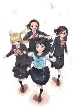 4girls akebi-chan_no_serafuku akebi_komichi artist_request black_hair black_jacket black_skirt black_socks blazer blonde_hair blue_bow blue_bowtie blue_eyes blue_sailor_collar blue_skirt blush bow bowtie brown_eyes brown_footwear brown_hair cherry_blossoms collarbone collared_shirt diagonal-striped_bow diagonal-striped_bowtie diagonal-striped_clothes dress_shirt falling_petals floating_hair glasses highres jacket key_visual kizaki_erika kneehighs kojou_tomono long_hair long_sleeves multiple_girls official_art open_mouth petals pleated_skirt promotional_art purple_eyes red-framed_eyewear red_bow red_bowtie roubai_academy_school_uniform_(new) roubai_academy_school_uniform_(old) running sailor_collar school_uniform serafuku shadow shirt short_hair skirt smile socks striped_bow striped_bowtie striped_clothes teeth two_side_up usagihara_touko white_background white_shirt