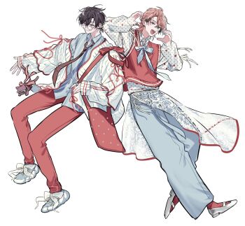 2boys akagi_wen alternate_costume black_hair blue_pants blue_shirt bow brown_necktie cardigan commentary cpupupupu hair_between_eyes hands_up heart heart_hands heart_ring highres jewelry long_sleeves male_focus multiple_boys necktie nijisanji open_cardigan open_clothes outstretched_arm pants pink_hair polka_dot polka_dot_shirt ponytail red_pants red_sweater_vest ring saiki_ittetsu shirt short_hair short_ponytail simple_background sleeves_past_wrists sweater_vest virtual_youtuber white_background white_bow white_cardigan white_shirt