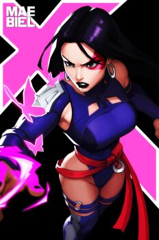 1girl bare_shoulders breasts bug butterfly earrings elbow_gloves facepaint gloves highleg highleg_leotard highres holding holding_weapon insect jewelry large_breasts leotard long_hair maebiel marvel marvel_rivals psylocke psylocke_(vengeance) purple_hair purple_leotard sash solo superhero_costume sword thighhighs weapon x-men