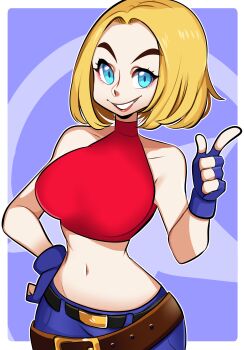 1girl absurdres blonde_hair blue_eyes blue_mary breasts curvy female_focus gloves hand_up highres huge_breasts large_breasts missandydandy pale_skin pants shirt smile smiley_face standing tank_top the_king_of_fighters thick_thighs thighs wide_hips