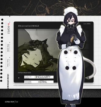 1girl apron black_dress black_hair braid breasts cable cable_tail chinese_commentary closed_eyes commentary_request cyborg dress english_text feet_out_of_frame gebijiade_89 highres huge_breasts maid maid_apron maid_headdress mechanical_hands mechanical_tail mole mole_under_eye multiple_views original outside_border puffy_sleeves round_eyewear standing tail twin_braids waist_apron white_apron