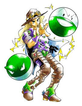 1boy absurdres blonde_hair brown_hat brown_pants character_request copyright_request dwalkn electrode_(pokemon) full_body gen_1_pokemon green_eyes group_picture hat highres jojo_no_kimyou_na_bouken male_focus nintendo pants pokemon pokemon_(creature) purple_shirt shirt simple_background voltorb white_background