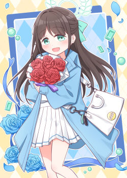 1girl :d airi_(band)_(blue_archive) airi_(blue_archive) bag blue_archive blue_jacket bouquet bow brown_hair commentary_request commission feet_out_of_frame flower green_bow green_eyes hair_bow halo harada_(sansei_rain) highres hugging_object jacket long_hair long_sleeves looking_at_viewer open_clothes open_jacket open_mouth outline pleated_skirt puffy_long_sleeves puffy_sleeves red_flower red_rose rose shirt shoulder_bag skeb_commission skirt sleeves_past_wrists smile solo standing very_long_hair white_outline white_shirt white_skirt