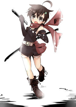 1girl ahoge armpits bad_id bad_pixiv_id bag belt black_gloves black_hair boots clover clover_hair_ornament elbow_gloves fading female_focus four-leaf_clover gloves grey_eyes hair_ornament hairpin highres katana katanakko_daisuki lights open_mouth pixiv_fantasia pixiv_fantasia_wizard_and_knight scarf shirt short_hair short_sword shorts sleeveless sleeveless_shirt solo sword tanto tantou vanishing weapon