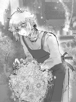 1boy alternate_costume antenna_hair apron basil_(faraway)_(omori) basil_(omori) blush bouquet closed_mouth collarbone commentary_request double-parted_bangs flower germany_omori greyscale hair_between_eyes hair_flower hair_ornament highres holding holding_bouquet long_sleeves low_ponytail male_focus monochrome omori outdoors pants ponytail short_hair short_ponytail sidelocks smile solo sweater