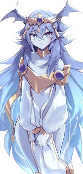 Rule 34 | 1girl, absurdres, bare shoulders, blue eyes, blue hair, cowboy shot, dominus impulse, dress, duel monster, highres, kanzakietc, pointy ears, simple background, solo, white background, white dress, yu-gi-oh!