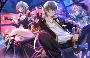 1boy 2girls absurdres bare_shoulders black_boots blue_skirt boots breasts bupa_chila caelus_(honkai:_star_rail) coin colored_inner_hair crossed_legs detached_sleeves grey_hair highres honkai:_star_rail honkai_(series) large_breasts march_7th_(honkai:_star_rail) march_7th_(preservation)_(honkai:_star_rail) medium_breasts medium_hair multicolored_hair multiple_girls numby_(honkai:_star_rail) pink_hair pleated_skirt red_hair shirt short_hair skirt smile television topaz_(honkai:_star_rail) trailblazer_(honkai:_star_rail) trotter_(honkai:_star_rail) v white_hair white_shirt