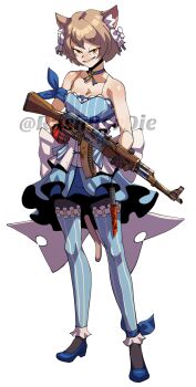 1boy absurdres ak-47 androgynous artist_name assault_rifle bow brown_eyes brown_hair counter-strike_(series) felix_argyle full_body gun hair_bow highres hugo_(rushbordie) kalashnikov_rifle knife male_focus re:zero_kara_hajimeru_isekai_seikatsu ribbon rifle smile solo trap watermark weapon