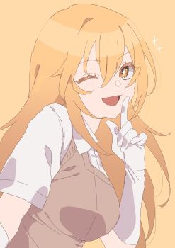 Rule 34 | 1girl, ;d, blonde hair, breasts, brown sweater vest, collared shirt, commentary, elbow gloves, finger to mouth, from side, gloves, hair between eyes, highres, large breasts, long hair, looking at viewer, one eye closed, open mouth, school uniform, shirt, shokuhou misaki, short sleeves, smile, solo, sparkling eyes, summer uniform, sweater vest, toaru kagaku no mental out, toaru kagaku no railgun, toaru majutsu no index, tokiwadai school uniform, uogashi sorato, v-neck, white gloves, white shirt, yellow background, yellow eyes