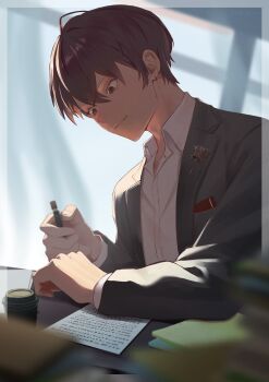 1boy absurdres arm_support blurry blurry_foreground book book_stack brown_eyes brown_hair closed_mouth collared_shirt commentary_request highres indoors kagami_hayato kagami_hayato_(1st_costume) long_sleeves magurosamm male_focus mechanical_pencil nijisanji paper pencil shirt virtual_youtuber white_shirt
