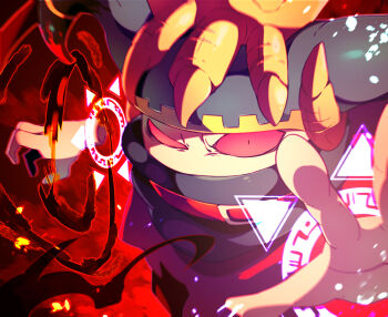 belt belt_bra belt_collar black_cloak black_horns black_scarf cloak close-up collar colored_sclera commentary_request covered_mouth crazy_eyes crown darkness disembodied_hand gloves horns incoming_attack kirby_(series) large_horns looking_at_viewer magolor master_crown nintendo no_humans palette_swap rayman_limbs reaching reaching_towards_viewer red_background red_belt red_sclera scarf shirushiki solo traitor_magolor white_gloves wide-eyed yellow_headwear