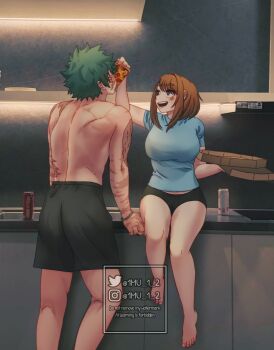 1boy 1girl 1mu_1_2 :d alternate_costume barefoot black_shorts blue_shirt blush boku_no_hero_academia breasts commentary english_text feeding food green_hair highres holding holding_food indoors kitchen large_breasts midoriya_izuku open_mouth pizza scar scar_on_arm shirt short_sleeves shorts sitting smile uraraka_ochako watermark