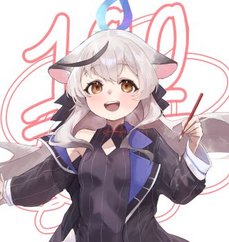 1girl above-cleavage_cutout animal_ears black_coat black_dress black_hair blue_archive blue_halo breasts brown_eyes china_dress chinese_clothes clothing_cutout coat diamond_cutout dress grey_hair halo highres holding holding_pencil kokona_(blue_archive) long_hair multicolored_hair open_mouth pencil pinstripe_coat pinstripe_dress pinstripe_pattern shimeji_take simple_background single_bare_shoulder sleeveless sleeveless_dress small_breasts solo streaked_hair striped_clothes striped_coat striped_dress tiger_ears tiger_girl two-tone_hair upper_body vertical-striped_clothes vertical-striped_coat vertical-striped_dress white_background