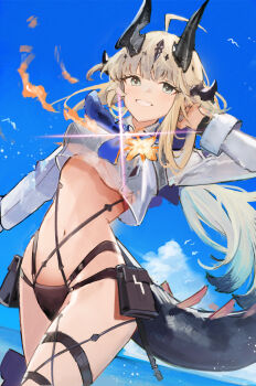 1girl :d absurdres ahoge arknights arms_up bikini bikini_under_clothes black_bikini blonde_hair blue_sky blush breasts commentary crop_top day dragon_girl dragon_horns dragon_tail ema_(kuguiema) fire flower glowing green_eyes grin highres horns long_hair long_sleeves looking_at_viewer medium_breasts navel ocean official_alternate_costume open_mouth outdoors parted_lips pouch red_flower reed_(arknights) reed_the_flame_shadow_(arknights) reed_the_flame_shadow_(summer_flower)_(arknights) see-through_clothes see-through_shirt shirt sky smile solo swimsuit tail thigh_strap underboob very_long_hair white_shirt
