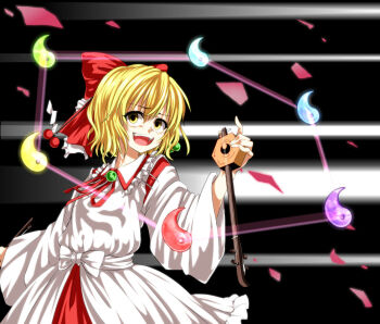 1girl blonde_hair bow female_focus hair_bow japanese_clothes magatama nora_wanko satsuki_rin shards solo touhou wide_sleeves yellow_eyes