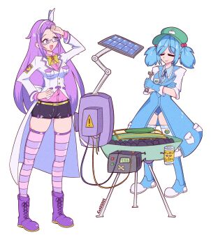 2girls arm_up asakura_rikako blue_boots blue_coat blue_gloves blue_hair boots bow bowtie coat commentary crossed_arms english_commentary eosd2002 full_body glasses gloves grill hairband highres holding holding_wrench kawashiro_nitori long_hair multiple_girls pink_thighhighs purple_eyes purple_hair purple_thighhighs short_hair sign simple_background solar_panel standing striped_clothes striped_thighhighs thighhighs touhou touhou_(pc-98) two_side_up warning_sign white_background white_coat white_hairband wrench yellow_bow yellow_bowtie