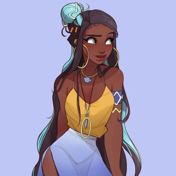 1girl allimackart bare_shoulders black_hair blue_hair breasts dark-skinned_female dark_skin earrings green_eyes jewelry lips long_hair looking_to_the_side medium_breasts multicolored_hair nessa_(pokemon) nintendo pokemon pokemon_swsh skirt sleeveless two-tone_hair very_long_hair