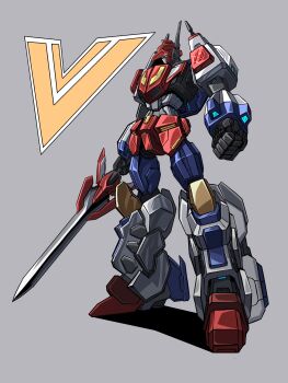 3ok absurdres autobot blue_eyes clenched_hand from_side full_body grey_background highres holding holding_sword holding_weapon looking_down mecha mecha_focus no_humans robot shadow star_saber_(transformers) sword transformers transformers_victory weapon