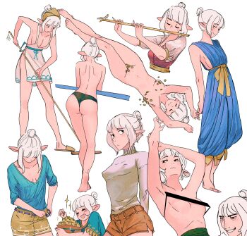 1girl :d absurdres adjusting_belt apron aqua_eyes armpits arms_behind_back arms_up asimov_(spindle_(aidenr0)) ass bar_censor bare_back barefoot belt blue_dress blunt_bangs blush breasts broom brown_shorts camouflage camouflage_panties censored cleavage closed_eyes closed_mouth coin collarbone commentary convenient_censoring covered_erect_nipples cropped_torso dot_mouth dress dressing elbow_rest elf english_commentary expressionless flute full_body green_panties hair_bun hair_up hand_on_own_arm happy heel_up highres holding holding_instrument holding_sack instrument light_blush looking_at_viewer looking_to_the_side medium_breasts money music naked_apron naughty_face open_mouth original panties parted_lips playing_instrument pointy_ears puffy_short_sleeves puffy_sleeves purple_belt railing red_dress reference_sheet sack sash short_shorts short_sleeves shorts shoulder_blades sideboob sidelocks simple_background single_hair_bun sleeveless sleeveless_dress smile soles solo_focus sparkle spindle_(aidenr0) coin_stack sweater sweeping teeth topless_female transverse_flute turtleneck turtleneck_sweater underboob underwear upper_body upper_teeth_only white_apron white_background white_dress white_hair white_sweater yellow_belt yellow_sash yellow_trim