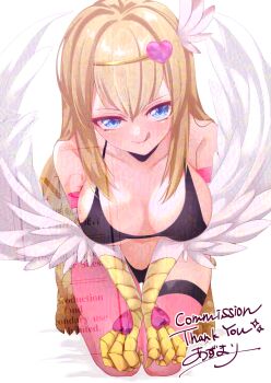 Rule 34 | 1girl, adversarial noise, az (colorb05), bare shoulders, bikini, black bikini, blonde hair, blue eyes, breasts, commission, duel monster, feathers, harpie girl (yu-gi-oh!), highres, kneeling, large breasts, long hair, pantyhose, pink pantyhose, pink thighhighs, simple background, single leg pantyhose, skeb commission, solo, swimsuit, talons, thighhighs, tongue, tongue out, watermark, white background, white feathers, white wings, winged arms, wings, yu-gi-oh!