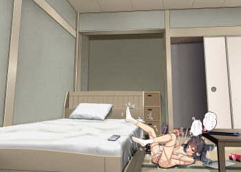 1girl arai_togami backpack bag bed bed_sheet cellphone commentary_request female_masturbation flat_chest highres indoors loli lying masturbation nintendo_switch nipples nude on_back phone pussy randoseru red_eyes socks solo speech_bubble table touhoku_kiritan translation_request voiceroid white_socks