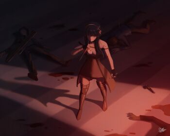 1girl black_dress black_hair blood blood_on_ground commentary_request corpse dress full_body holding holding_weapon long_hair red_eyes shadow signature skittenart solo solo_focus spy_x_family thighhighs weapon yor_briar