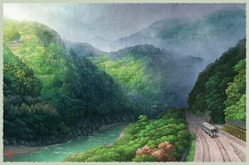 border cloud cloudy_sky day fog landscape mugumo_24k no_humans original outdoors railroad_tracks real_world_location revision river scenery signature sky tokushima_prefecture train tree water yellow_border