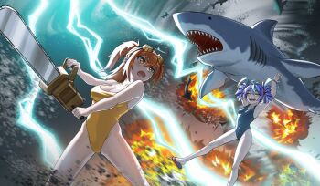 2girls animal blue_one-piece_swimsuit breasts brown_hair chainsaw character_request cleavage covered_navel dajame fang flip-flops highleg highleg_one-piece_swimsuit holding holding_animal large_breasts lightning lilith-soft multicolored_hair multiple_girls official_art official_wallpaper one-piece_swimsuit purple_hair sandals shark sharknado skin_fang small_breasts smile swimsuit taimanin_(series) taimanin_rpgx twintails two-tone_hair victoria_esta yellow_one-piece_swimsuit