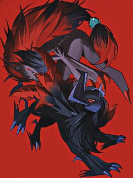 absol black_fur blue_eyes bright_pupils claws commentary_request fangs fluffy gen_3_pokemon gen_5_pokemon highres horns looking_at_viewer mane mega_absol_z mega_pokemon neck_fur nintendo no_humans pokemon pokemon_(creature) red_background red_eyes red_fur red_hair reo_(mmocc123) white_pupils zoroark