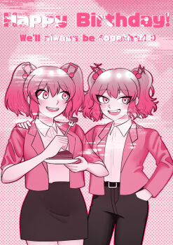 2girls artist_request bow cake danganronpa_another food fortissimo hair_ornament happy_birthday highres jacket medium_hair multiple_girls musical_note musical_note_hair_ornament otonokoji_hibiki otonokoji_kanade pink_hair short_hair siblings sisters super_danganronpa_another_2 twins twintails