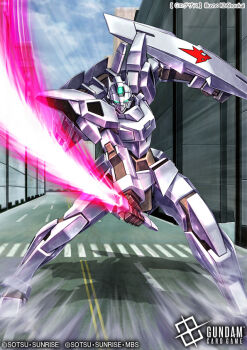 aqua_eyes copyright_logo copyright_notice crosswalk energy_sword g-exes gundam gundam_age gundam_card_game holding holding_sword holding_weapon humanoid_robot k2_shokai logo mecha mobile_suit no_humans official_art outdoors print_shield robot science_fiction shield solo sword weapon