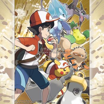 Rule 34 | 1boy, aerodactyl, alolan form, alolan sandslash, arcanine, artist name, backpack, bag, baseball cap, black hair, black shirt, blue shorts, character name, chase (pokemon), chase (pokemon) (cosplay), claws, closed mouth, clothed pokemon, commentary, company name, copyright notice, cosplay, english commentary, fangs, from side, gen 1 pokemon, gen 7 pokemon, green eyes, hat, holding, holding poke ball, instagram username, jacket, leaf, lower teeth only, male focus, mega aerodactyl, mega pokemon, melmetal, merchandise available, mythical pokemon, nintendo, nut (hardware), official style, one-eyed, open clothes, open jacket, open mouth, outline, pikachu, poke ball, poke ball (basic), pokemon, pokemon (creature), pokemon lgpe, red hair, red jacket, sharp teeth, shirt, short hair, short sleeves, shorts, smile, teeth, tom higgins, victreebel, watermark, white outline