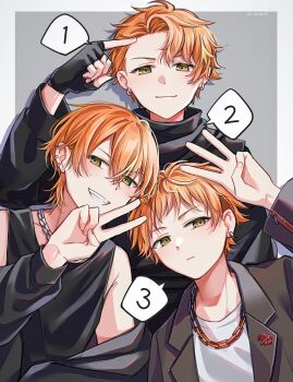 1boy arm_up black_gloves black_tank_top blonde_hair border chain chain_necklace clenched_teeth closed_mouth commentary curtained_hair ear_piercing earrings fingerless_gloves fingernails gloves green_eyes grey_border hair_between_eyes hand_up highres index_finger_raised jewelry lapels layered_clothes long_sleeves looking_at_viewer male_focus multiple_views necklace notched_lapels official_alternate_costume official_alternate_hairstyle orange_hair outside_border piercing project_sekai shinonome_akito shirt short_hair smile speech_bubble tank_top teeth toya108nya v white_shirt zipper zipper_pull_tab zozotown