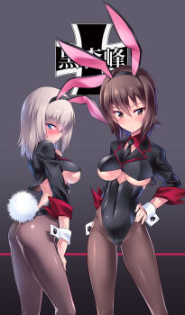 Rule 34 | 10s, 2girls, adapted uniform, animal ears, ass, backless outfit, black jacket, black legwear, black leotard, black necktie, blue eyes, blush, breasts, brown eyes, brown hair, closed mouth, cowboy shot, detached collar, embarrassed, emblem, fake animal ears, from side, frown, girls und panzer, graphite (medium), grey background, hand on own hip, hand on thigh, highres, itsumi erika, jacket, kuromorimine (emblem), kuromorimine military uniform, kuzuryuu kennosuke, legs, leotard, long hair, long sleeves, looking at viewer, medium breasts, multiple girls, necktie, nishizumi maho, pantyhose, playboy bunny, rabbit ears, rabbit tail, short hair, silver hair, strapless, strapless leotard, tail, traditional media, underboob, wrist cuffs