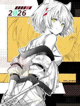 1girl 2026 animal_ear_fluff animal_ears artist_name breasts camisole cat_ears cat_girl closed_mouth commentary_request flute from_behind greyscale_with_colored_background highres holding holding_flute holding_instrument instrument jacket looking_at_viewer looking_back medium_breasts mio_(xenoblade) off_shoulder short_hair skirt smile solo spot_color twitter_username ui_frara xenoblade_chronicles_(series) xenoblade_chronicles_3 yellow_eyes zoom_layer