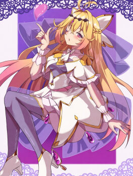 1girl alternate_color antenna_hair blonde_hair blush bow bowtie capelet commentary_request crossed_bangs cure_arcana_shadow dress fingernails frilled_capelet frills hair_between_eyes hair_bow hair_intakes hand_up heart high_heels long_hair looking_at_viewer magical_girl meitantei_precure! moria_luluka nail_polish one_eye_closed palette_swap parted_lips pink_eyes precure purple_nails purple_thighhighs shoes solo thighhighs vel0x_s white_bow white_bowtie white_capelet white_dress white_shoes wrist_cuffs