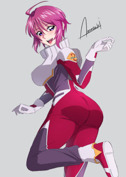 1girl :d amasaki_yusuke ass blush boots breasts gloves grey_background grey_gloves gundam gundam_seed gundam_seed_destiny hair_behind_ear hair_between_eyes looking_back lunamaria_hawke medium_breasts open_mouth pilot_suit purple_eyes purple_hair red_boots short_hair smile solo