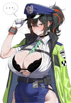 ... 1girl absurdres alternate_costume belt belt_pouch between_breasts black_bra black_choker black_hair blue_necktie blue_skirt blush bra breasts checkered_necktie choker commentary cowboy_shot english_commentary gloves green_jacket hair_between_eyes hand_on_headwear hat highres jacket jacket_on_shoulders lace lace_bra large_breasts looking_at_viewer motion_lines multicolored_hair necktie necktie_between_breasts partially_unbuttoned police police_badge police_hat police_uniform policewoman pouch red_eyes red_hair red_streaks ring_light_reflection shirt simple_background skirt solo spoken_ellipsis streaked_hair sweat underwear veri12121212 white_background white_gloves white_shirt zenless_zone_zero zhu_yuan