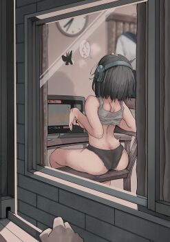 1boy 1girl absurdres analog_clock back black_hair black_panties blurry breasts bug butt_crack butterfly chair clock clothes_lift computer curtains depth_of_field female_masturbation from_outside grey_shirt head_back headphones heart highres huyunokure insect laptop looking_inside masturbation medium_breasts nipple_stimulation nipple_tweak original panties pornography pov pov_hands school_uniform serafuku shirt_lift sitting solo_focus spoken_heart sweat table tank_top tweaking_own_nipple underwear unworn_clothes voyeur_pov voyeurism window