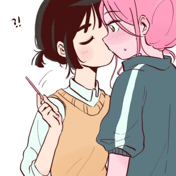 2girls alien_stage black_hair brown_sweater_vest closed_eyes coldmeow food hair_up hashtag-only_commentary highres kiss mizi_(alien_stage) multiple_girls pink_hair pocky pocky_day shirt short_hair simple_background sua_(alien_stage) sweater_vest white_background white_shirt yellow_eyes yuri