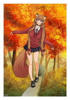1girl :3 absurdres alternate_costume animal_ear_fluff animal_ears artist_name autumn balancing black_boots black_skirt boots border bow brown_hair closed_mouth collared_shirt commentary english_commentary eyelashes hair_bow hands_up highres light_smile loafers long_hair looking_at_viewer luxu miniskirt neck_ribbon newgrounds_username on_wall pink_eyes pleated_skirt raccoon_ears raccoon_girl raccoon_tail raphtalia red_bow red_ribbon red_sweater ribbon shirt shoes skirt sleeves_past_wrists solo straight_hair sweater tail tate_no_yuusha_no_nariagari tree twitter_username walking white_border white_shirt