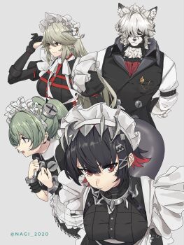 1boy 3girls absurdres alexandrina_sebastiane animal_ear_fluff animal_ears apron ascot behind_another bicep_strap black_dress black_hair body_fur breasts candy closed_mouth collared_vest colored_inner_hair colored_tips commentary_request corin_wickes dress earclip ellen_joe fins fish_tail food from_side furry furry_male gloves green_hair grey_background grey_vest hair_between_eyes hair_ornament hairband highres lollipop lollipop_in_mouth long_hair looking_to_the_side maid maid_apron maid_headdress metal_hairband metal_wrist_cuffs mole mole_under_eye multicolored_hair multiple_girls muzzle_(mask) open_mouth partially_fingerless_gloves pocket_watch purple_eyes razor_blade_hair_ornament red_ascot red_eyes screw_hair_ornament shark_girl shark_tail shirt sleeves_rolled_up smile soutou_nagi spiked_headband sweatdrop tail twintails twitter_username upper_body vest von_lycaon watch white_apron white_fur white_hair white_shirt wolf_boy wolf_ears zenless_zone_zero