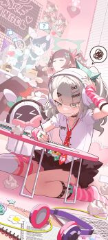 >_< 3girls ? abdooly111 bandaid bandaid_hair_ornament bangboo_(zenless_zone_zero) black_hair black_skirt black_thighhighs blush bow cable cake cake_slice chinatsu_remiel clenched_teeth closed_eyes closed_mouth collarbone colored_inner_hair commentary_request crossed_legs cup desk food fork frilled_pillow frills fur-trimmed_skirt fur-trimmed_sleeves fur_trim green_bow green_eyes green_halo hair_ornament halo headphones heart heart-shaped_pillow highres holding holding_fork holding_pen holding_plate humanoid_robot indoors jewelry leg_warmers monitor multicolored_hair multiple_girls multiple_hair_clips multiple_rings multiple_thigh_straps necktie no_shoes notebook paper parted_lips pen pillow pink_arm_warmers pink_leg_warmers plate poster_(object) red_necktie ring robot robot_girl rokudu_sariel shirt short_twintails sitting skirt spoken_question_mark spoken_squiggle squiggle striped_arm_warmers striped_leg_warmers tears teeth thigh_strap thighhighs too_many_bows twintails wariza white_shirt writing yutane_johiel zenless_zone_zero