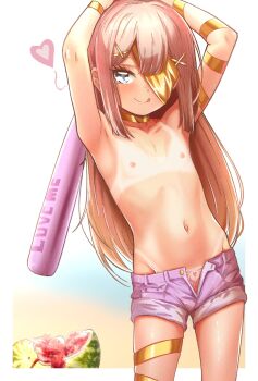 1girl :q armpits arms_up blonde_hair border closed_mouth cowboy_shot double-parted_bangs eyepatch fallenshadow flat_chest food fruit gradient_background grey_eyes groin hair_ornament heart highres indie_virtual_youtuber loli long_hair looking_at_viewer mesugaki navel nipples no_panties one_eye_covered outside_border pettan_(zeez4743) pubic_tattoo purple_shorts short_shorts shorts smile solo standing stomach straight_hair tattoo tongue tongue_out topless_female variant_set virtual_youtuber watermelon white_border x_hair_ornament