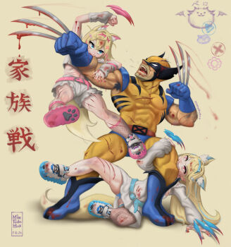 1boy 2girls animal_ear_fluff animal_ears arm_hair arm_warmers armpit_hair artist_name bandaid bandaid_hair_ornament beard belt biting biting_another's_arm biting_another's_leg blonde_hair blood blood_drip blood_on_clothes blood_on_leg blood_on_stomach blue_boots blue_eyes blue_hair blue_hairband blue_shoes bodysuit boots brown_hair claw_(weapon) claws clenched_hand commentary country_connection crossover dated dog_ears dog_girl dog_tail english_commentary facial_hair fake_horns fang fighting full_body fuwawa_abyssgard gloves grabbing_another's_arm grabbing_another's_leg hair_ornament hairband highres hololive hololive_english horn_hairband horns injury large_pectorals long_hair marvel mask midriff mintudamax1 mococo_abyssgard multicolored_bodysuit multicolored_hair multiple_girls muscular muscular_male open_mouth paw_print_soles pectorals perroccino_(fuwamoco) pink_arm_warmers pink_belt pink_eyes pink_hair pink_hairband pink_socks red_belt red_mask saliva scratches serious shirt shoes short_hair siblings simple_background sisters skirt socks standing stomach streaked_hair superhero_costume tail teeth torn_clothes translation_request twins two-tone_bodysuit virtual_youtuber weapon white_background wolverine_(x-men) x-men x_hair_ornament yellow_bodysuit