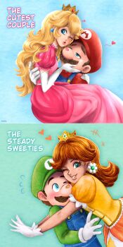 1boy 2girls absurdres artykinasia blonde_hair blowing_kiss blue_eyes blush brown_hair carrying crown dress facial_hair glovesheart hat highres hug lipstick_mark looking_at_viewer luigi mario mario_(series) multiple_girls mustache nintendo one_eye_closed overalls princess princess_daisy princess_peach puckered_lips shirt smile the_super_mario_bros._movie universal_studios wink