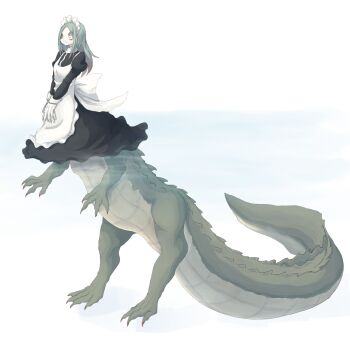 1girl 4138 apron black_dress centauroid claws closed_mouth commentary crocodile crocodile_girl crocodilian crocodilian_tail dress frilled_apron frilled_dress frills full_body gloves green_eyes green_hair green_tail highres large_tail long_hair long_sleeves maid maid_headdress original parted_bangs partially_submerged reptile_girl solo spiked_tail tail taur water white_apron white_background white_gloves